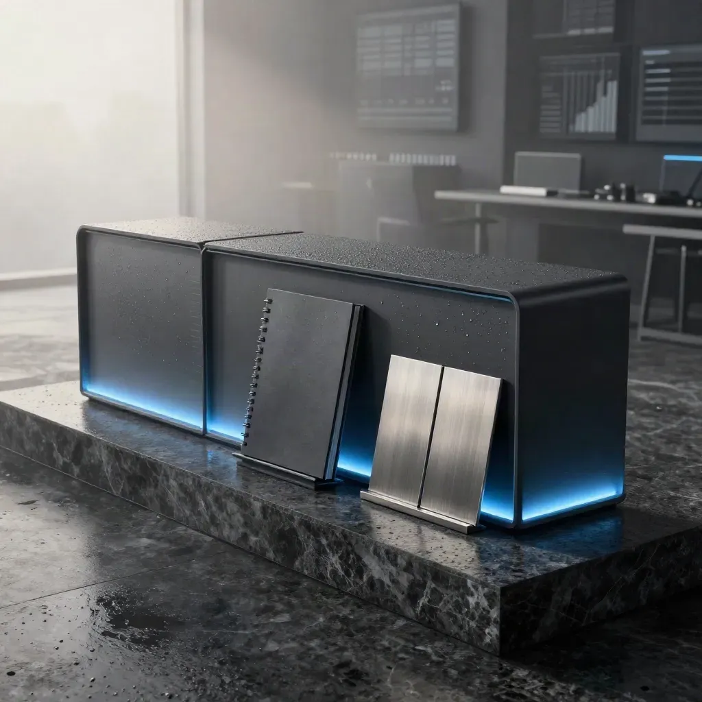 Charcoal analytics console on wet basalt with blue glow and rain mist.