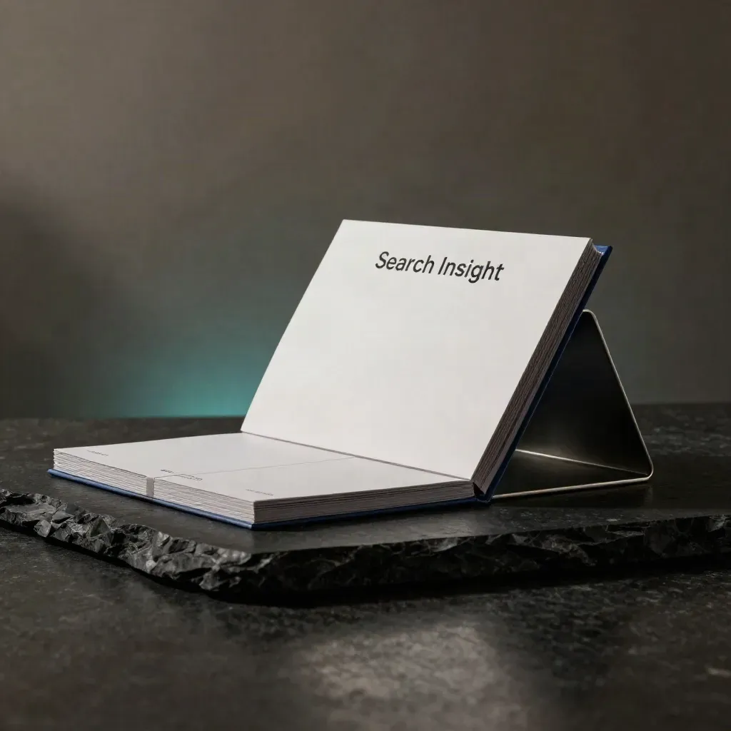 Satin-white annual plan box with navy sleeve, stacked report deck, and folded metal stand on dark stone.