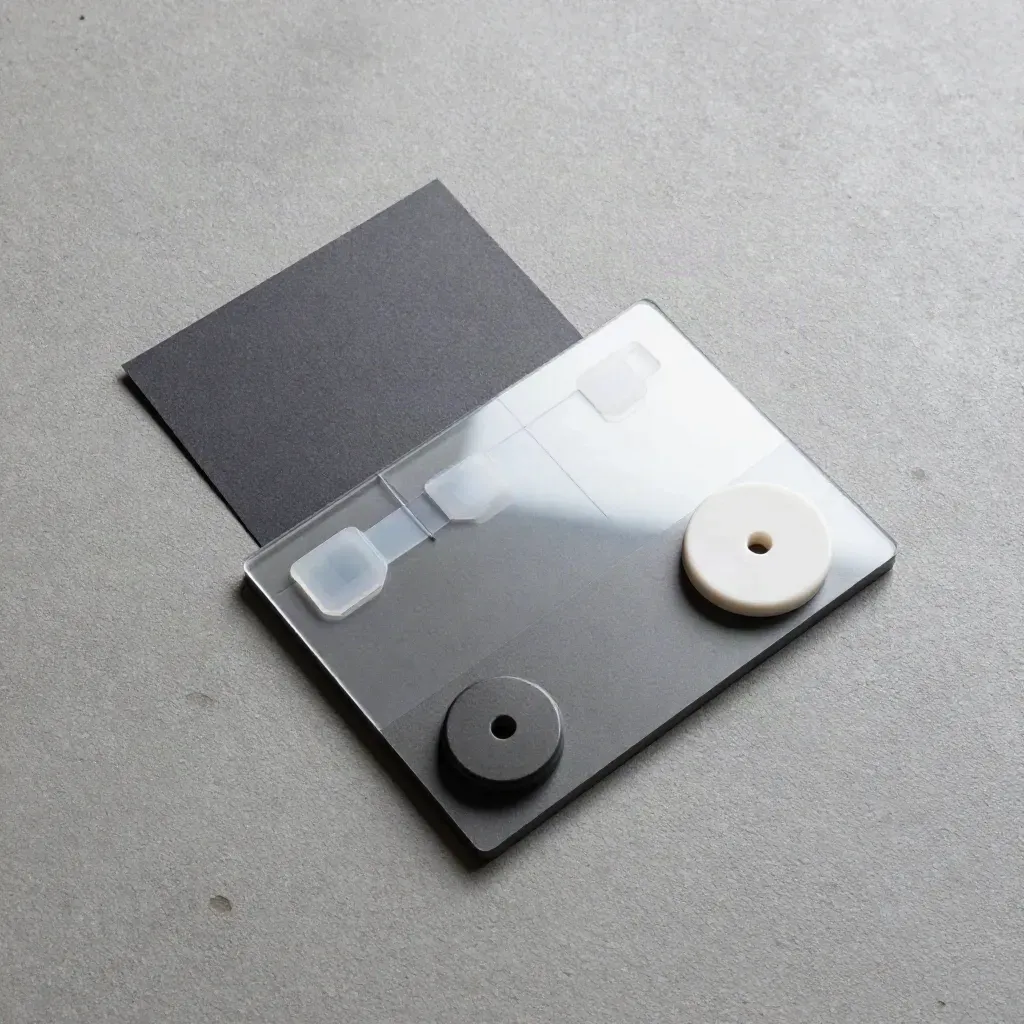 Overhead flatlay of a graphite tracker puck, translucent tabs and ceramic token on concrete
