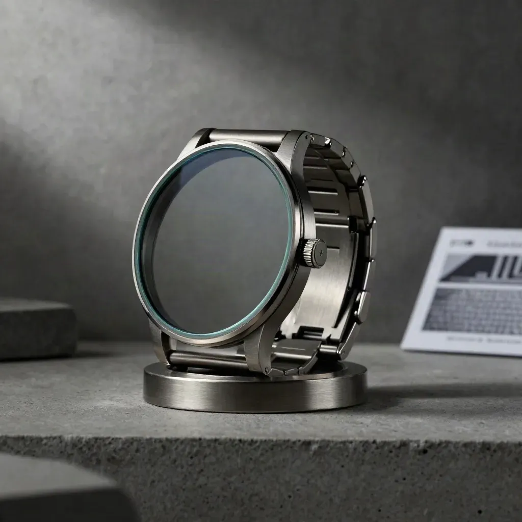 Graphite analytics product with glass pieces on concrete, softly lit and atmospheric.
