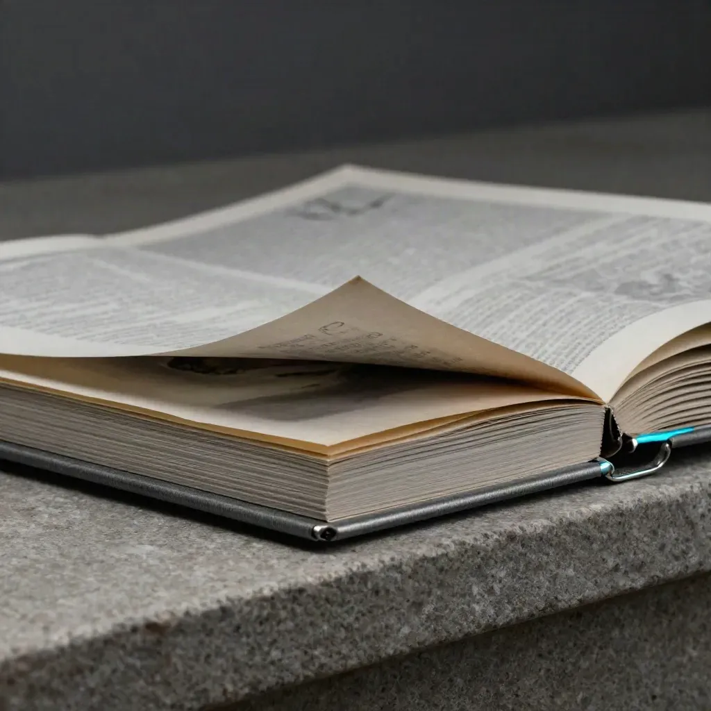 Oyster-gray SEO report folio with parchment inserts on a stone ledge, macro close-up.