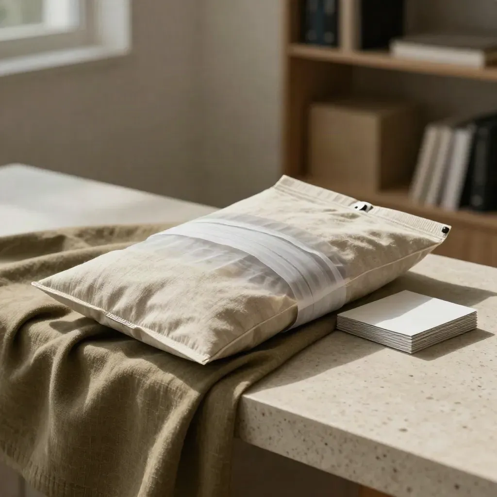 Linen-wrapped trend brief packet on travertine with translucent sheets and soft atmospheric light.