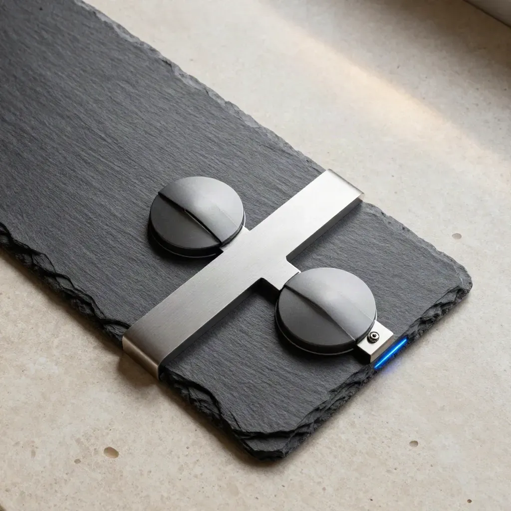 Overhead slate dashboard parts on travertine with a faint blue glow.