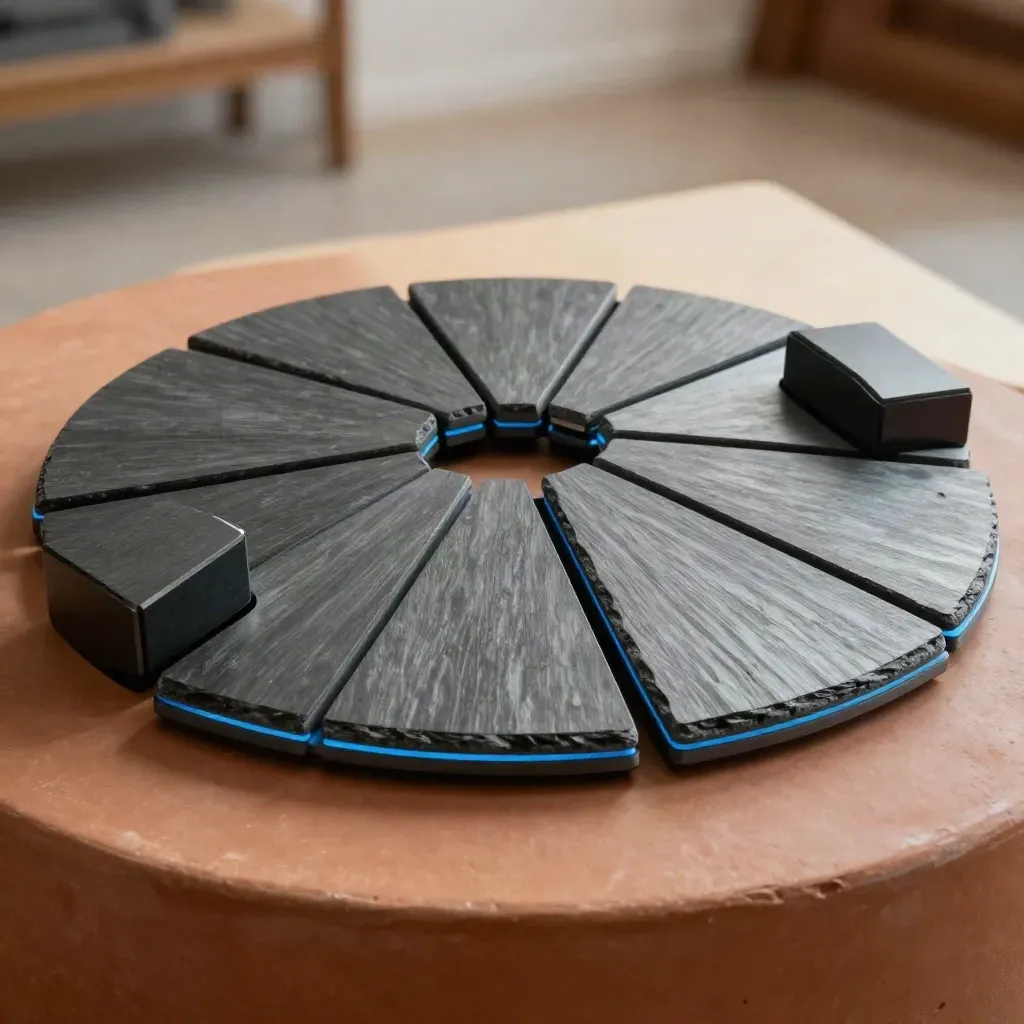 Slate SEO dashboard sculpture with eight linked panels and blue accents on terracotta.