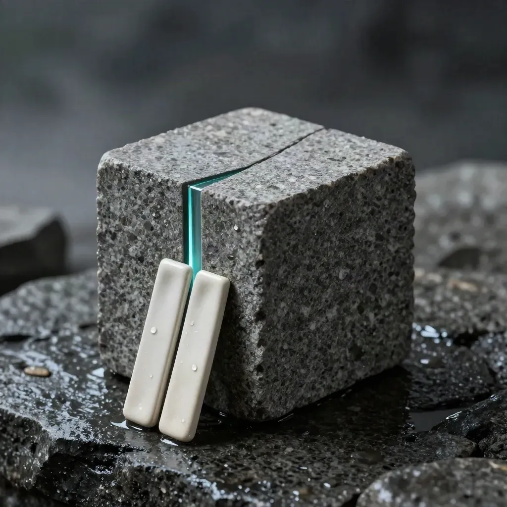 Macro stone SEO tracker cube with glass spine and ceramic markers, wet with rain and teal edge light