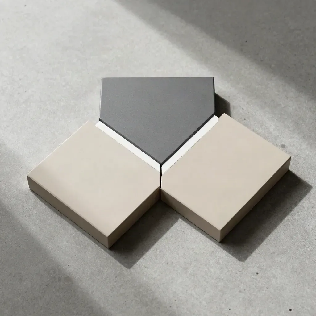 Three graphite SEO modules in a triangular flatlay on concrete, lit from above.