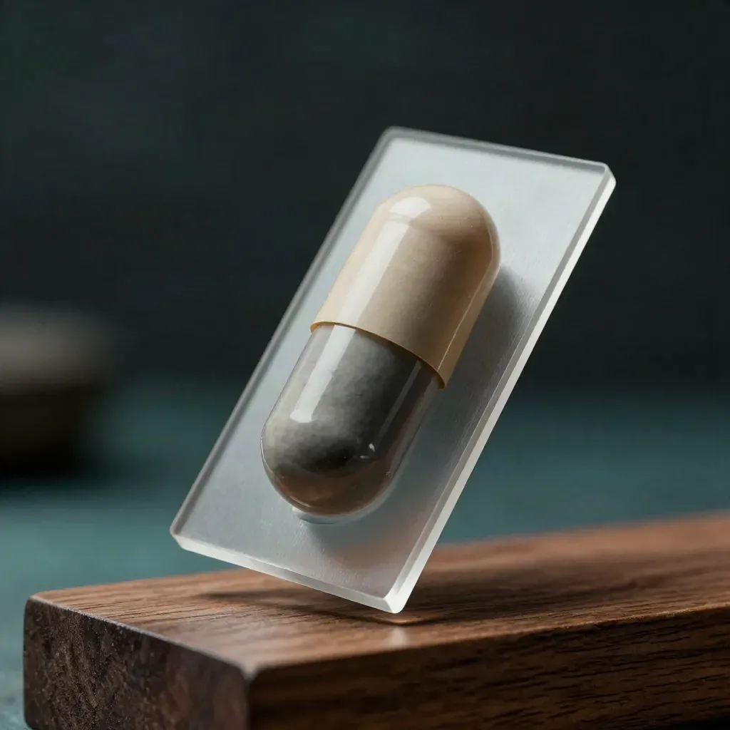 Teal alert capsule with frosted acrylic wedges on a walnut pedestal, glowing softly in studio light