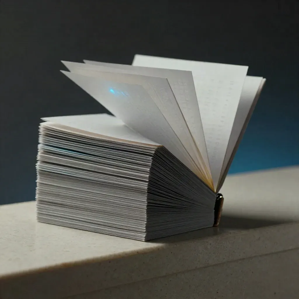 Macro of translucent keyword cards fanning from a graphite sleeve on travertine.