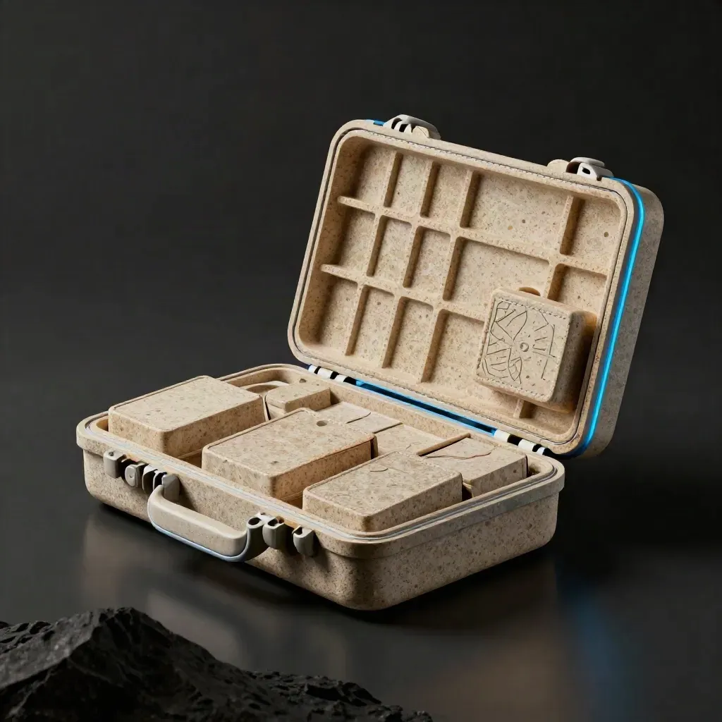 Sandy stone SEO pack case opened into a city-grid spread with pouches on a dark studio surface.
