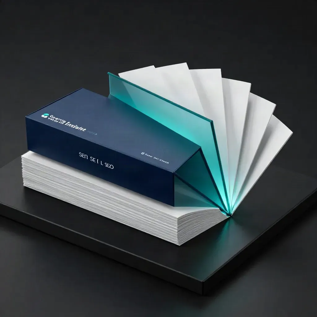 Matte navy SEO bundle box with teal sleeve and inserts bursting apart in dramatic studio light
