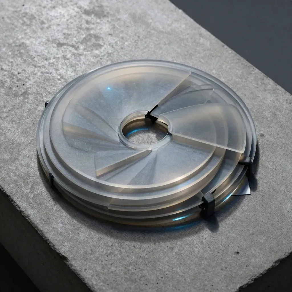 Overhead spiral of translucent trend discs with a dark clasp on cool concrete.