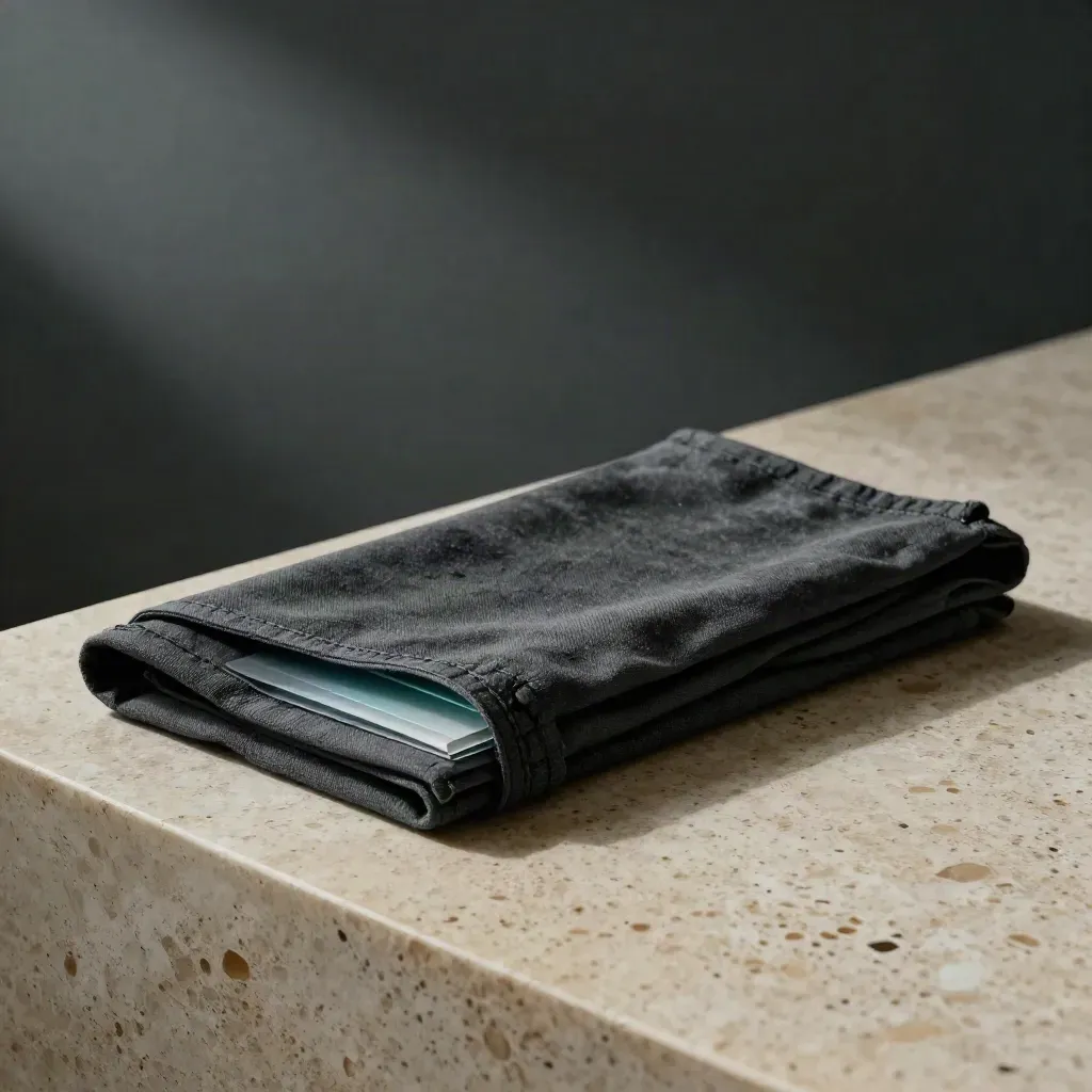 Charcoal scan kit with translucent inserts and a folded cloth sleeve on travertine, softly lit.