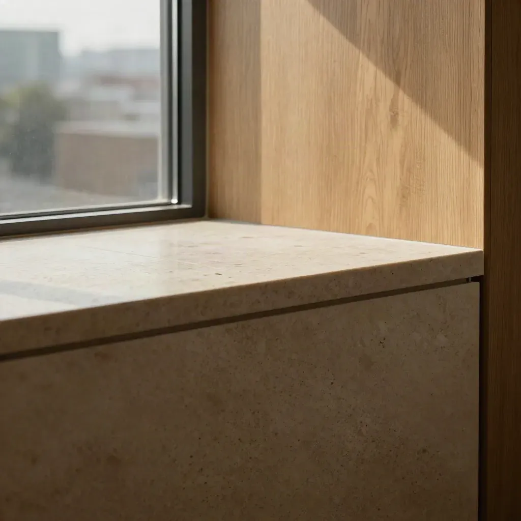 Sun-warmed travertine shelf by pale oak wall, with soft city-edge light and calm copy space.