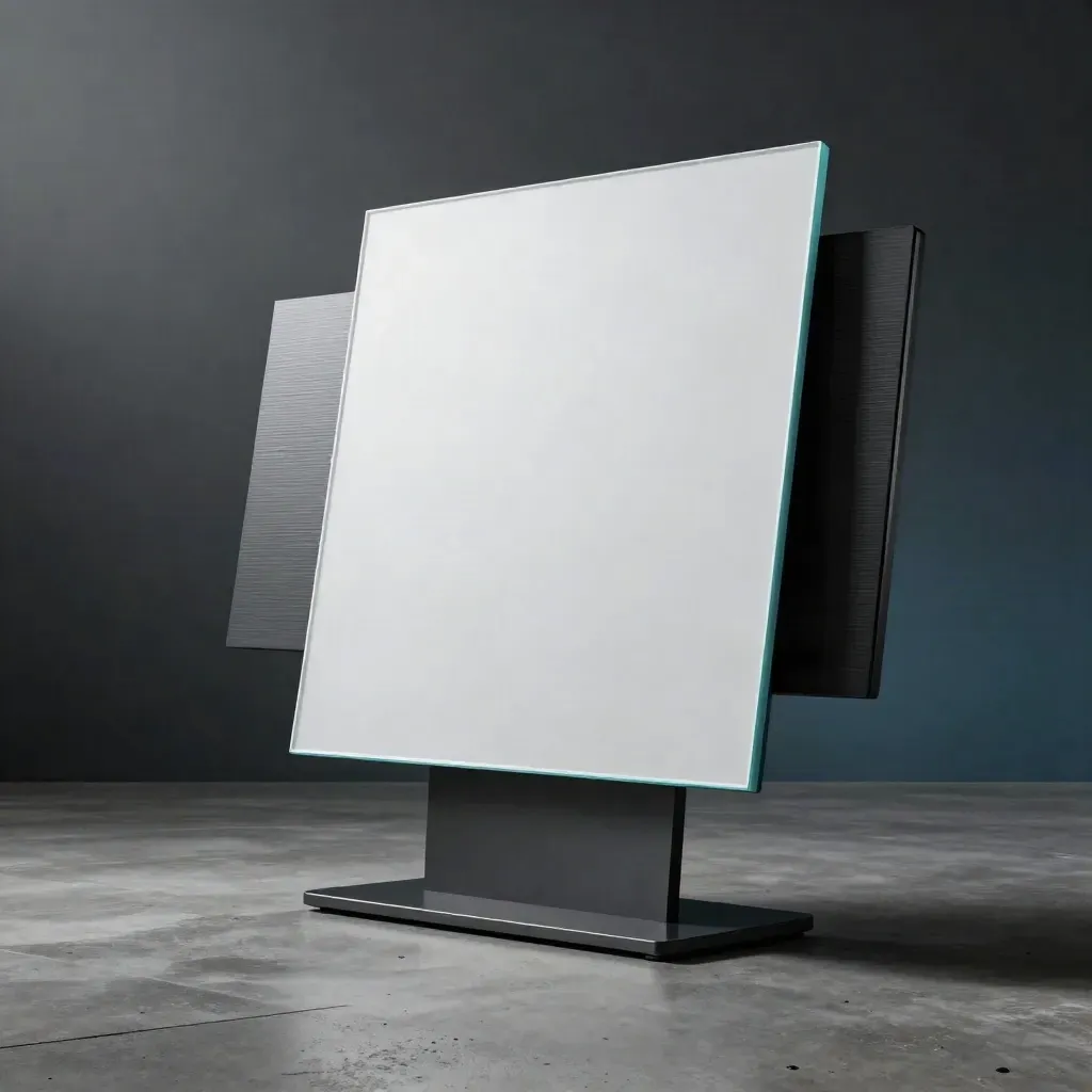 Executive KPI board hero object with dark base, white face and two side blocks.
