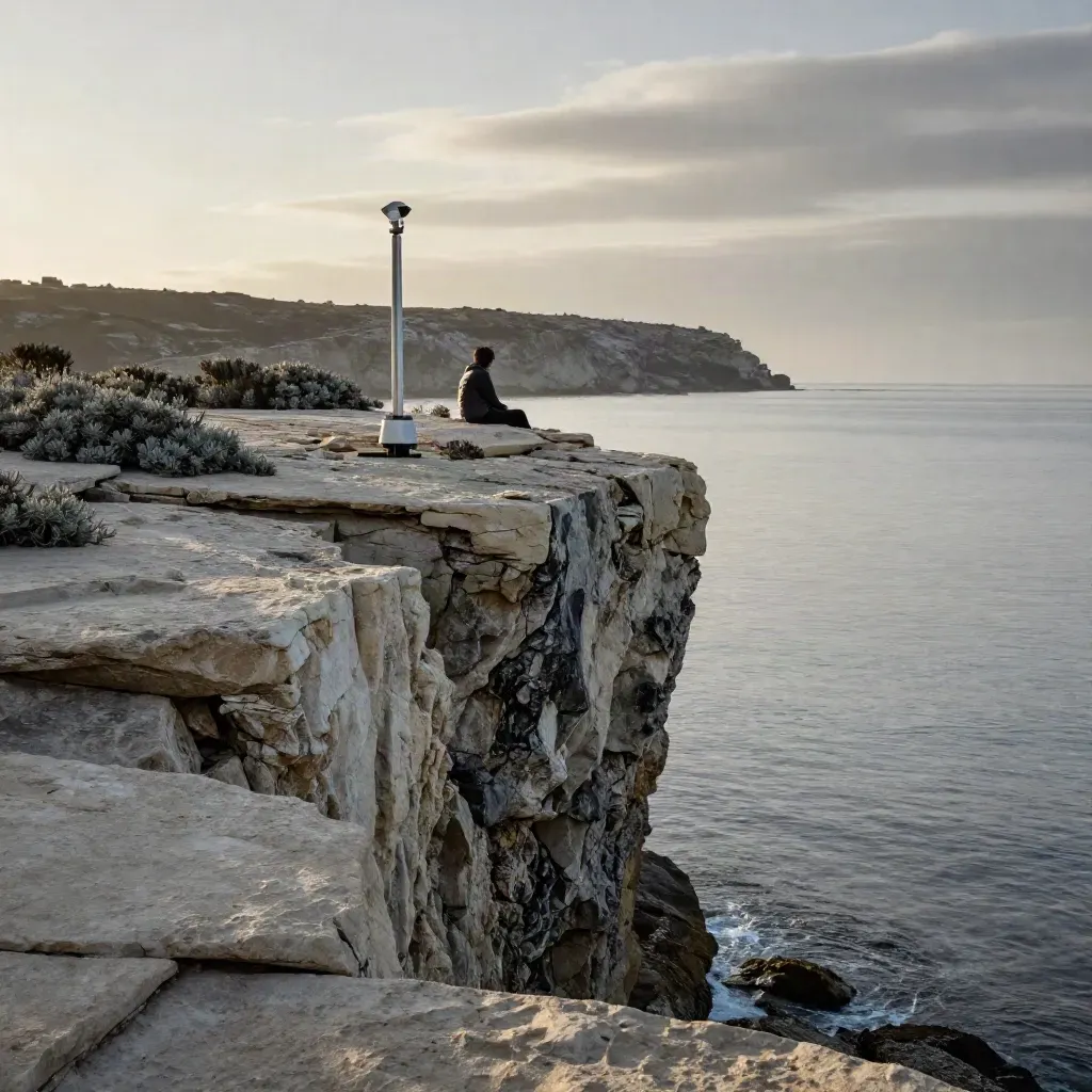 Coastal limestone shelf above hazy water with a slim monitoring beacon at sunset.