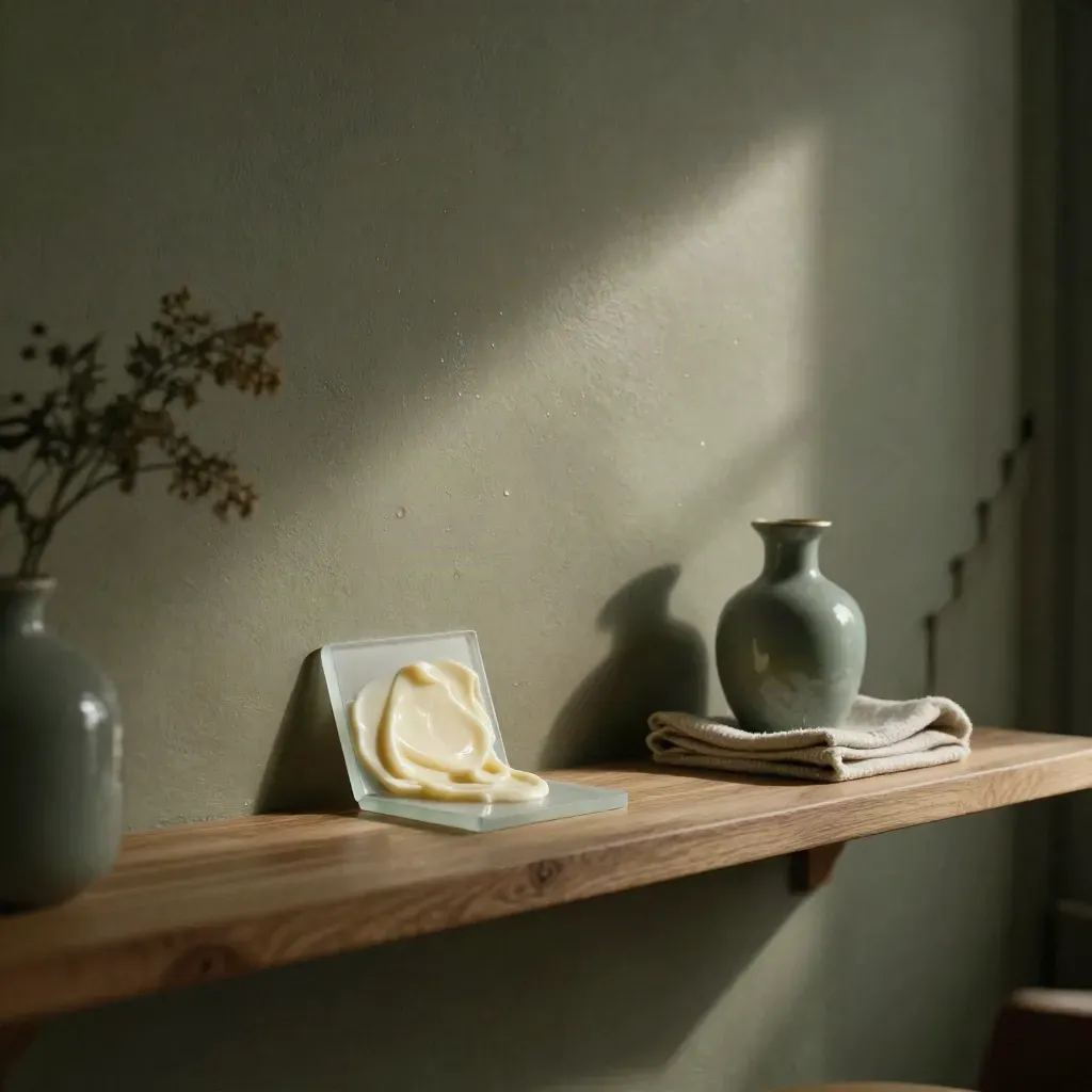 Cream plaster niche with wooden ledge, blurred plant, and muted teal analytics tile in morning light.