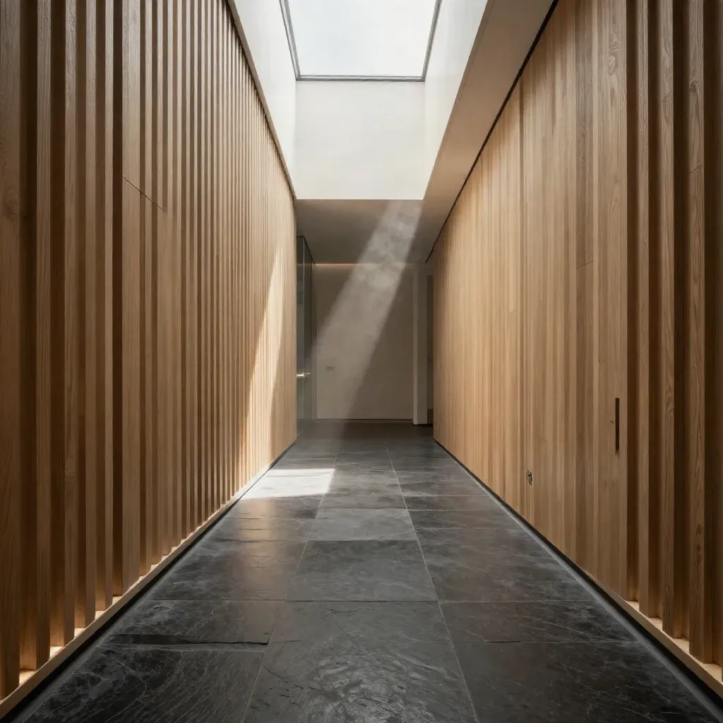 Sunlit modern corridor with oak slats, dark stone, and calm copy space