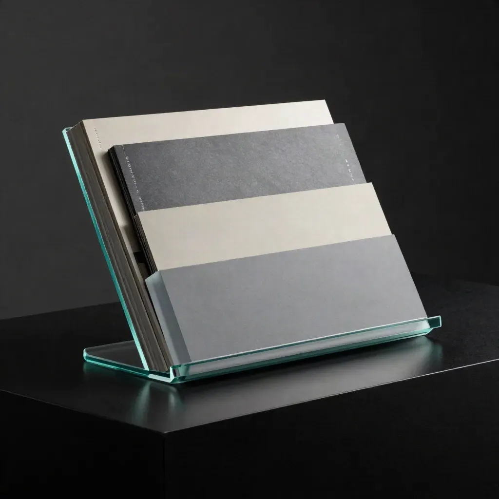 Graphite and frosted-glass annual SEO plan stack on a dark plinth with cyan rim light