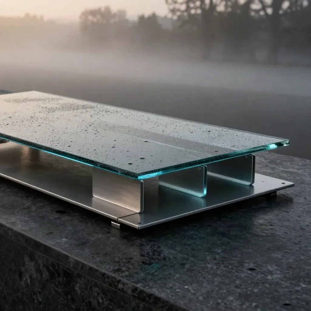 Graphite analytics dashboard slab with blue glow, wet metal modules, and rain mist on a stone plinth