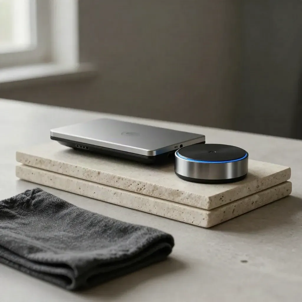 Stacked dashboard tiles, signal puck, and folded cloth on pale stone in soft studio light.