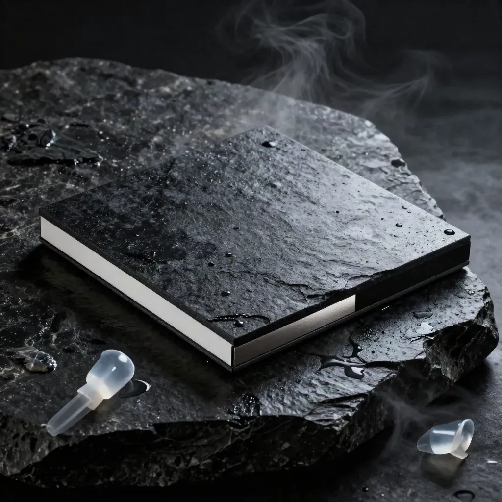 Midnight dashboard tile half-embedded in wet basalt with two translucent pucks and a steel spacer.