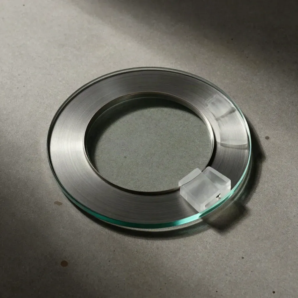 Overhead flatlay of a glass query module with metal rings and quartz pieces on concrete.