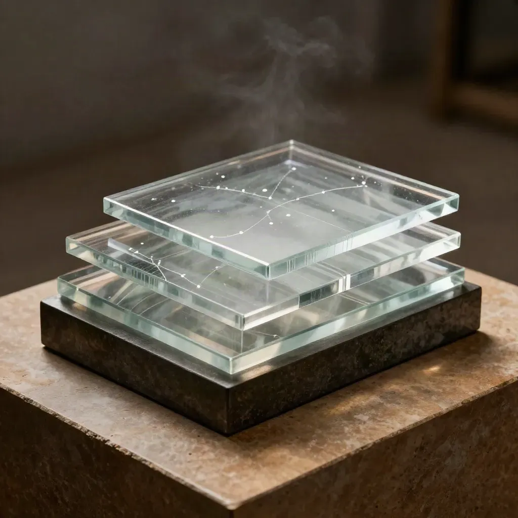 Transparent layered map prism on a dark plinth with soft fog and white edge glints.