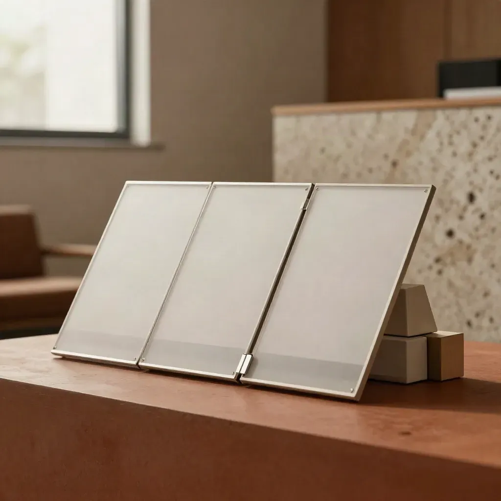 Three-panel client board with two cubes on a terracotta plinth under soft side light.