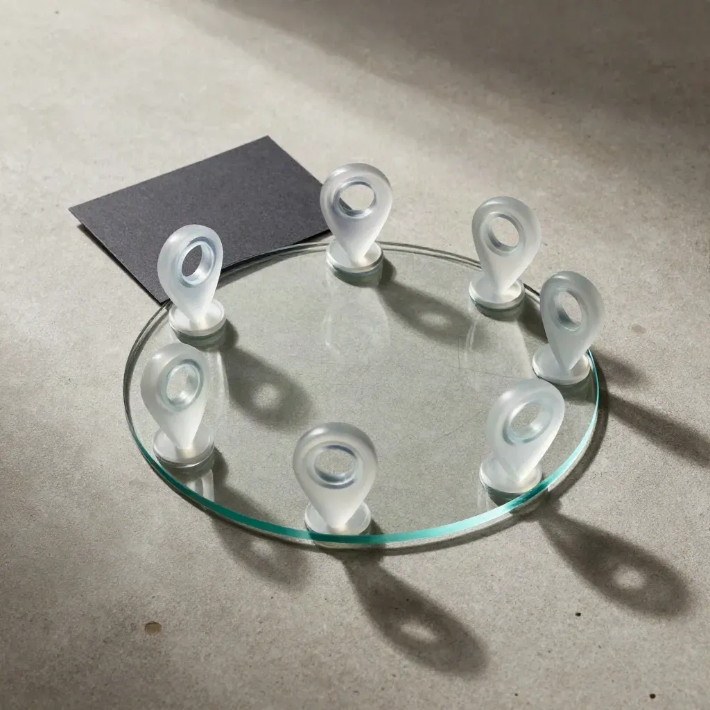Overhead glass tablet with six location markers on pale concrete, cool blue reflections.
