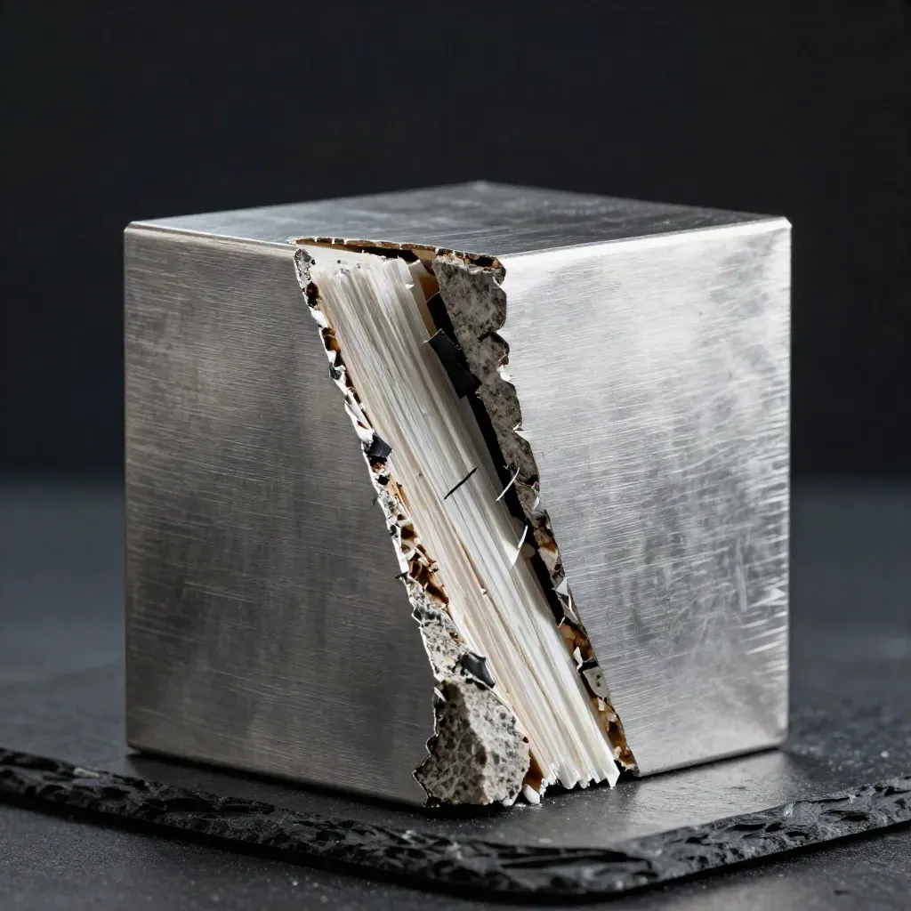Brushed-aluminum audit block with cracked stone layers and a dark insert in moody macro light.