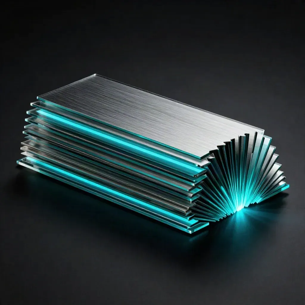 Saturated glass tiles and cyan light strip flaring on a dark studio surface.