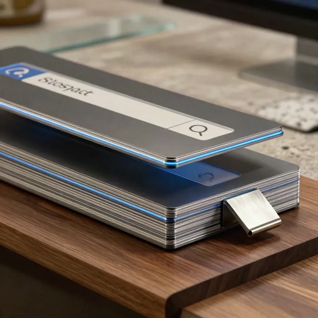 Stacked glossy analytics panels with a brushed-metal clip on a walnut surface.