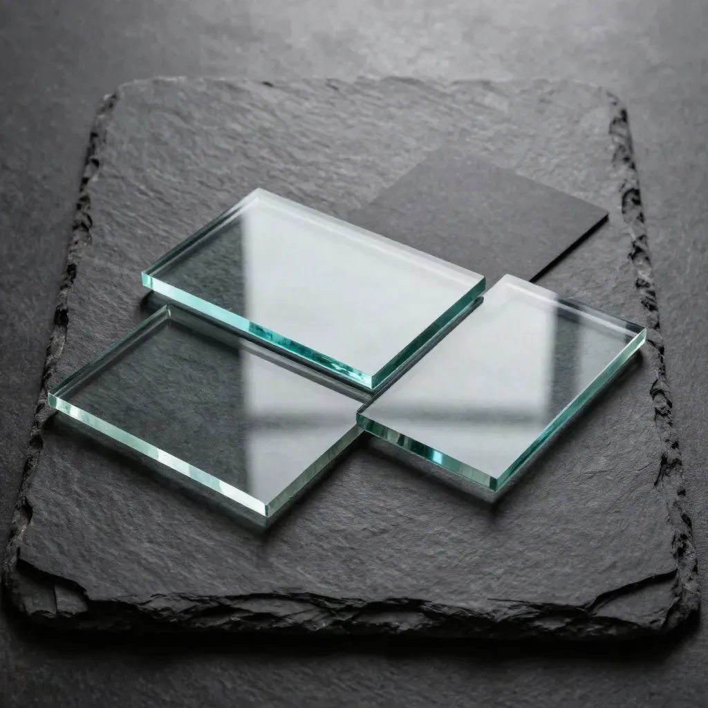 Five glass tiles on dark slate form a clean diagonal gap pattern with cyan reflections.