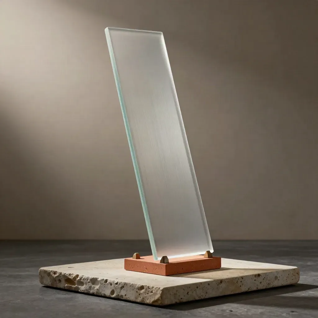 Vertical glass data slab on a stone pedestal with two small blocks, lit in a premium studio hero shot.
