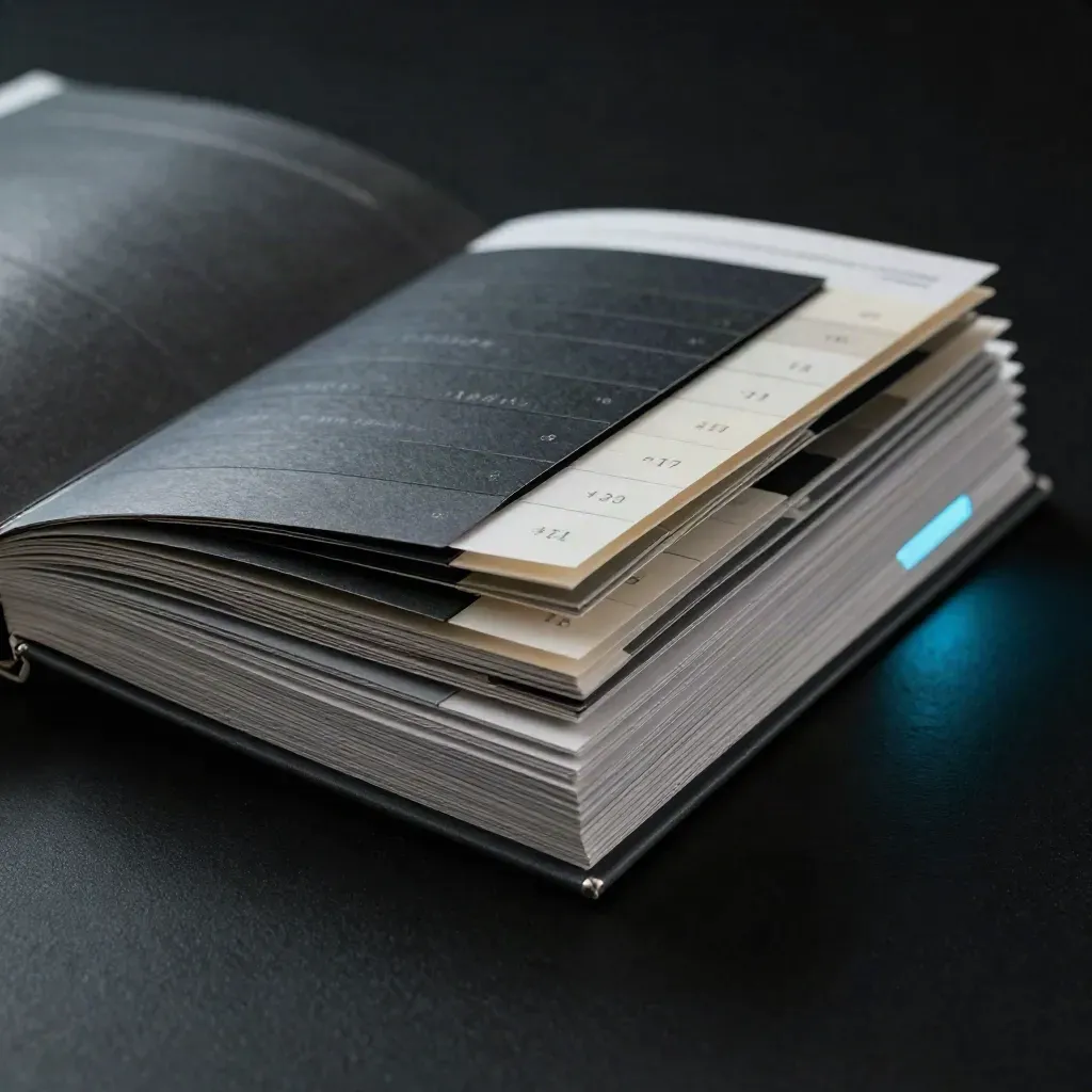 Layered audit modules fan across a dark surface with cyan rim light and haze.