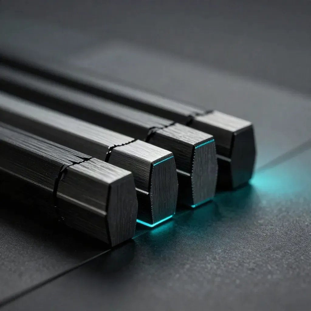 Macro of three graphite marker blocks surging along a polished track with cyan glints