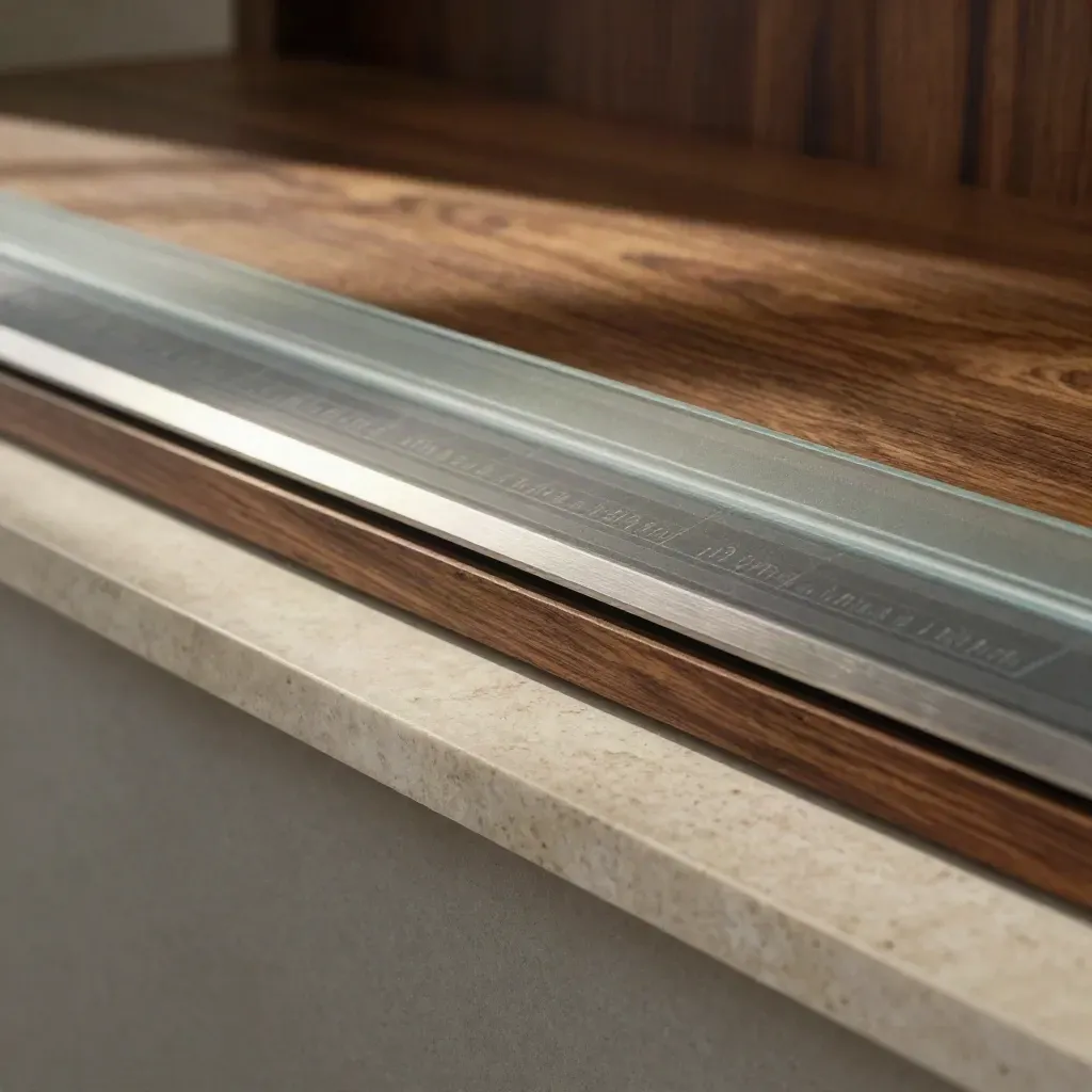 Warm walnut and stone analytics interior with frosted glass panels and calm copy space