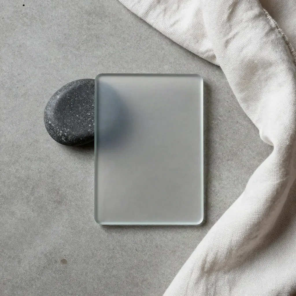 Overhead flatlay of a glass snapshot card, stone, and folded cloth on concrete.