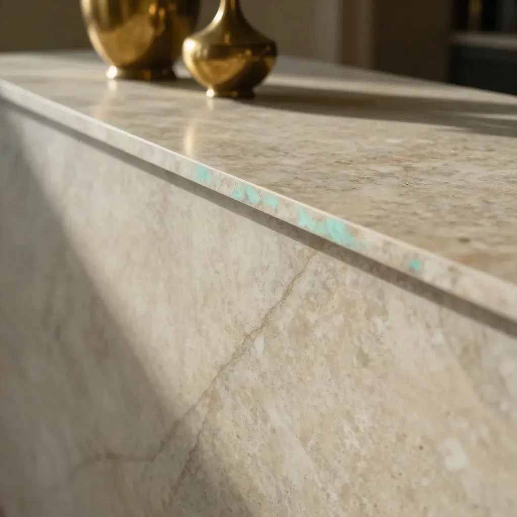 Cream marble slab with brass vessel, soft light, and open copy space