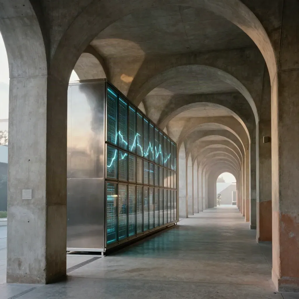 Sunlit concrete arches in a modern analytics corridor with a faint blue data glow.
