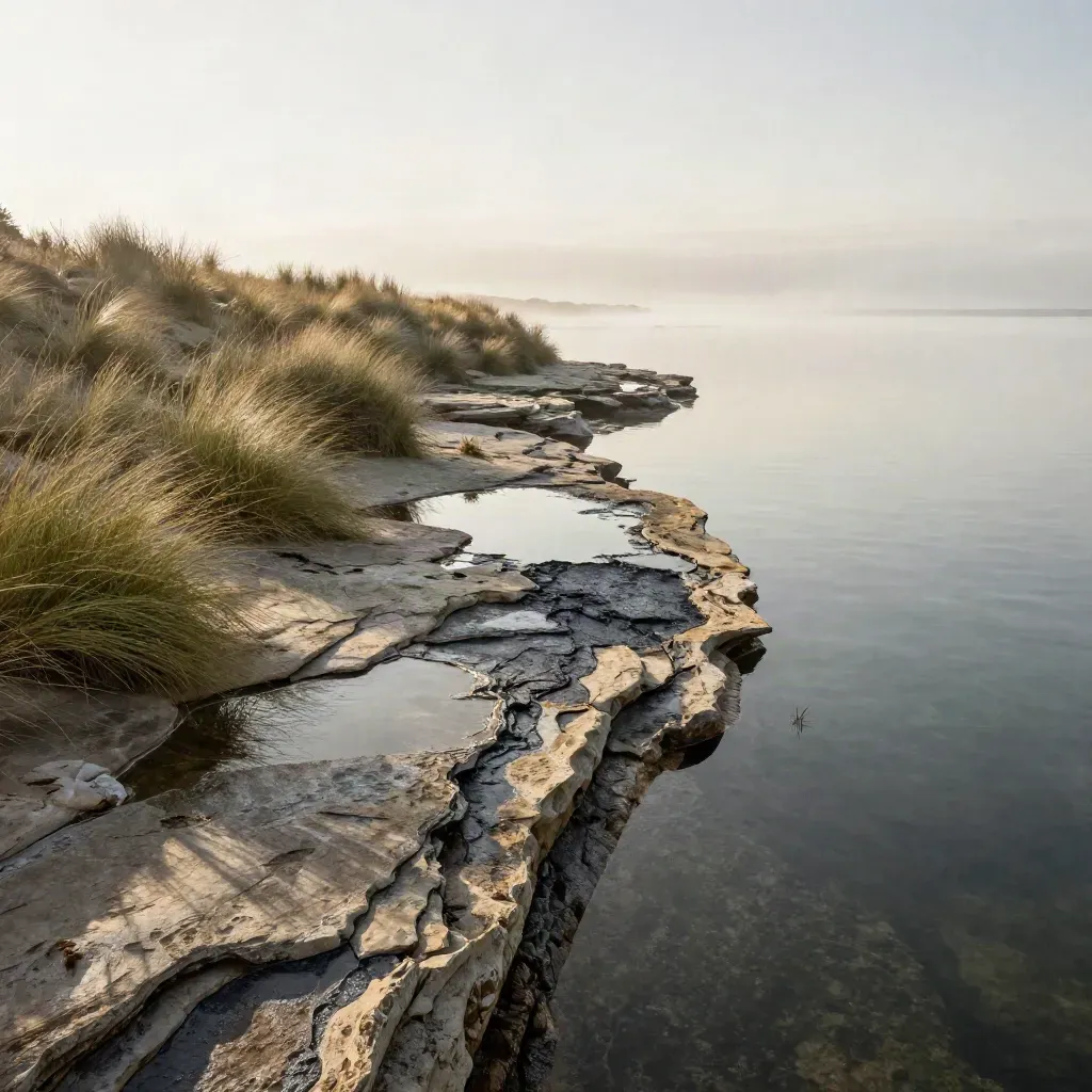 Weathered rock shelf above a glassy tidepool with windbent grasses and sea mist.